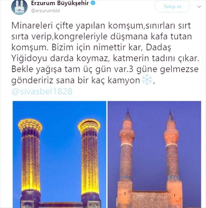 Sivas´ın kar çağrısına Erzurum´dan cevap 