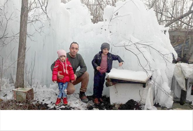 Patlayan borudan fışkıran su buz tuttu 