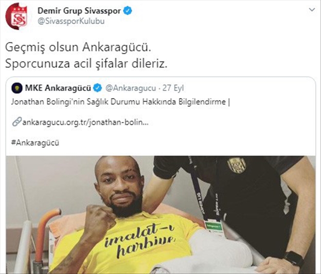 Sivasspor´dan Bolingi´ye Geçmiş Olsun Mesajı