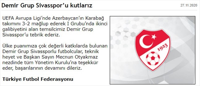TFF´DEN SİVASSPOR´A TEBRİK   