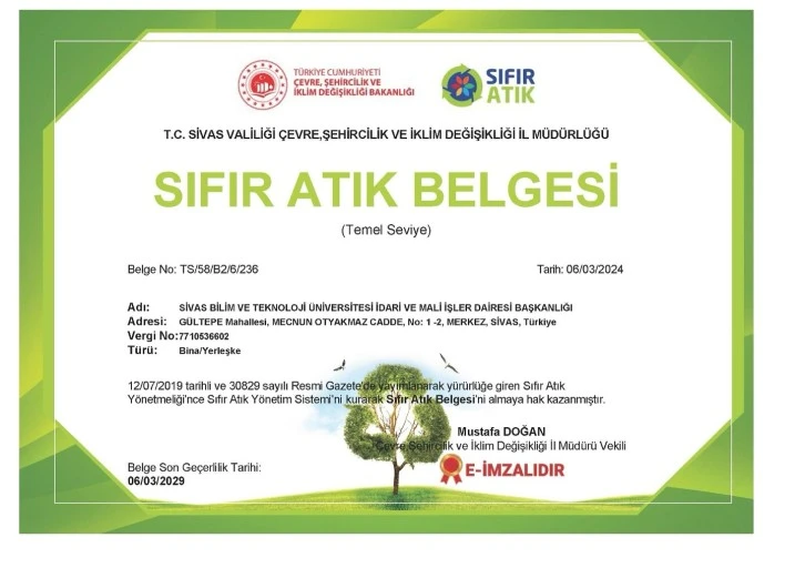 SBTÜ’ye ‘Sıfır Atık Belgesi’