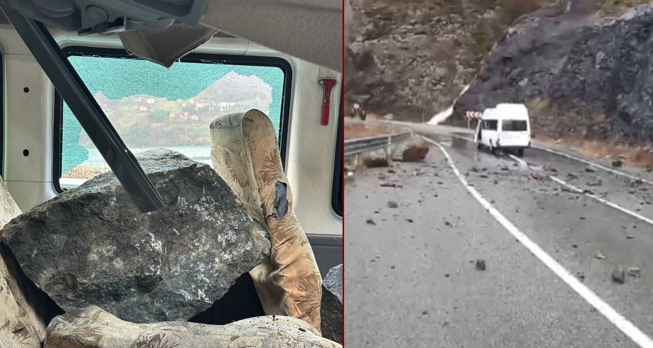 Minibüsün üzerine dev kayalar düştü, 3 kişi şans eseri kurtuldu