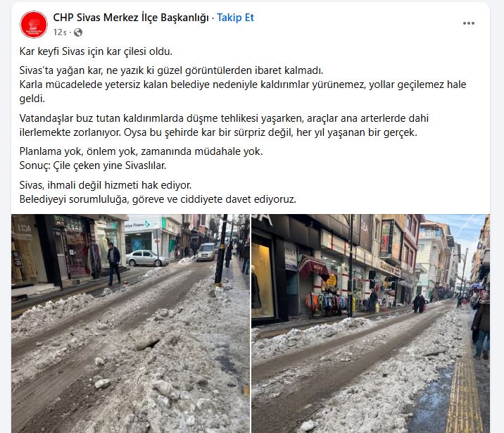 CHP’den Sivas Belediyesi’ne kar tepkisi: Çileye dönüştü